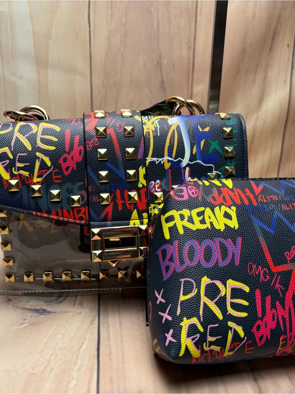 Multicolor Graffiti Studded Satchel with Clear Panel - Picture 3 of 6